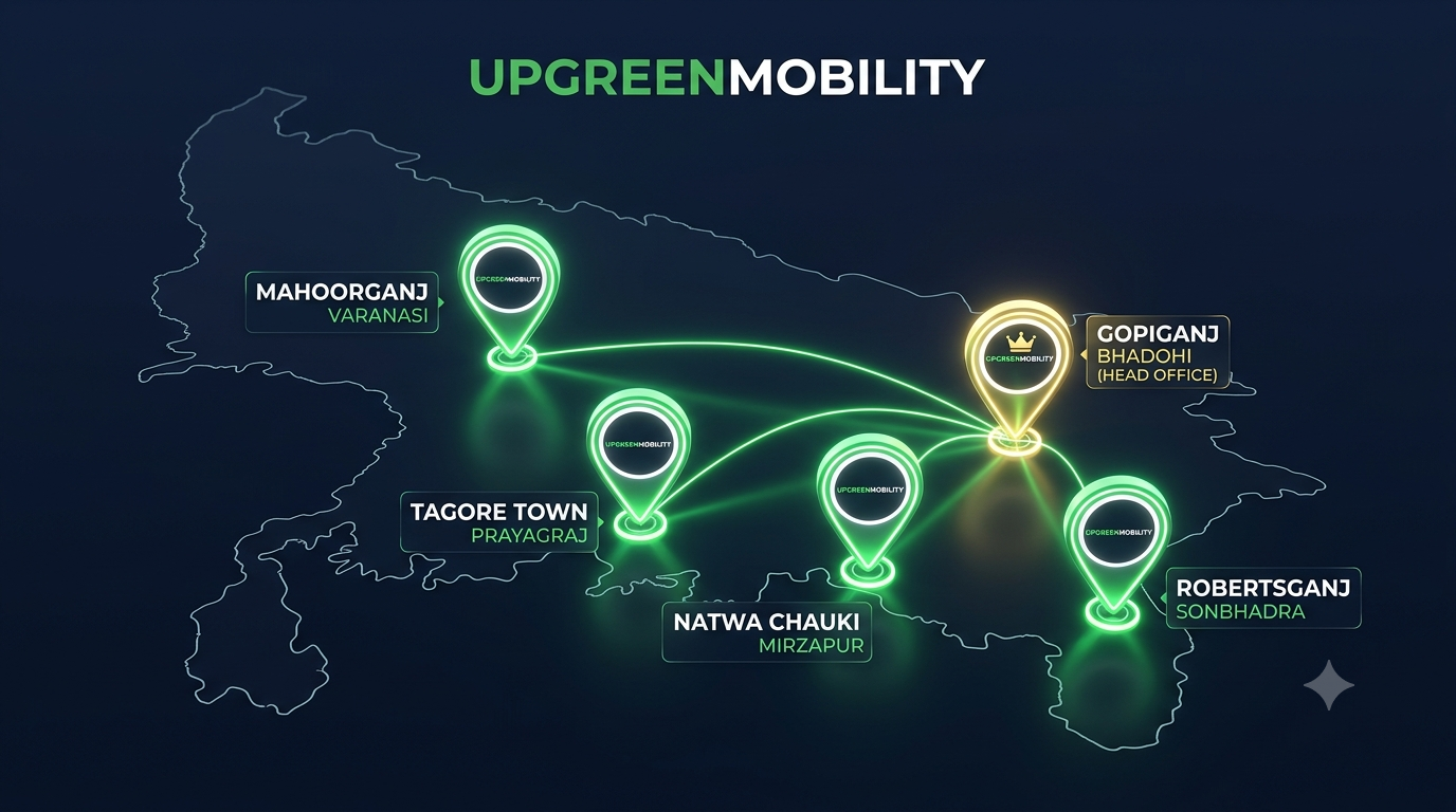 Map of Uttar Pradesh showing U.P. Green Mobility branch locations